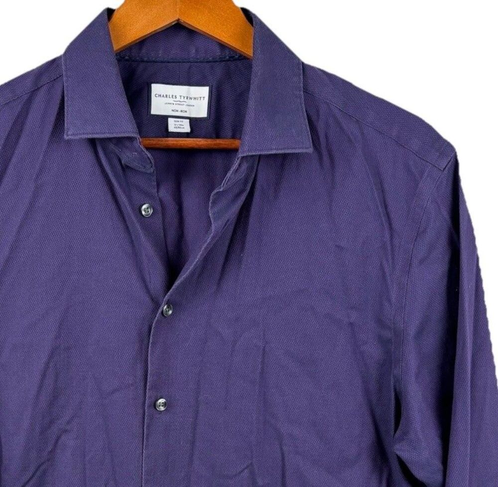 Charles Tyrwhitt Dress Shirt Men 17/34 Slim Fit  Purple Crosshatch Cotton **READ